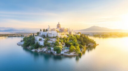 Naklejka premium Scenic Aerial View of a Beautiful Island with Historic Architecture, Lush Greenery, and Calm Waters during Sunset Reflected in the Sky