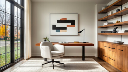 Fototapeta premium modern home office featuring stylish desk, comfortable chair, and artistic wall decor. space is bright and inviting, perfect for productivity and creativity