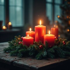 Flickering candlelight dances across a misty Advent wreath scene, rustic, earthy, vintage