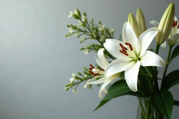 Obraz premium Floral arrangement with white lilies crossed by a slender branch, stem, flowers on wooden branch