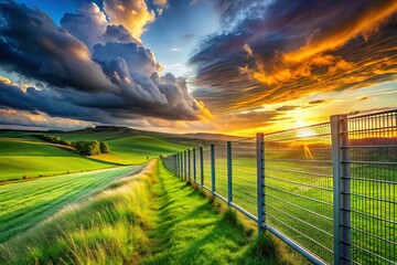 Fototapeta premium Temporary Zinc-Coated Fence in a Scenic Landscape - Stock Photo