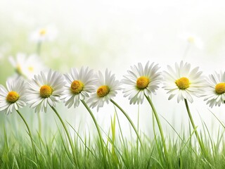 Watercolor Daisy Line, Delicate White Flowers, Isolated Transparent Background, Botanical Illustration, Nature Stock Photo