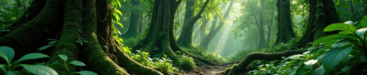 Obraz premium Jungle vines twine around ancient tree trunks, overgrown trees, entwined growth, dense foliage