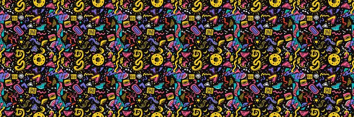 Seamless pattern with geometric shapes in the style. Multicolored vintage background with triangles, circles and squares for textile, fabric and Sudanese fabric art. 