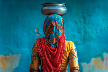 Rajasthani woman with traditional colorful clothes and water canthar on her head