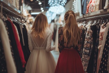 Fototapeta premium Two young women shopping for clothes in a fashion boutique, browsing through racks of dresses and skirts, enjoying retail therapy and making purchasing decisions