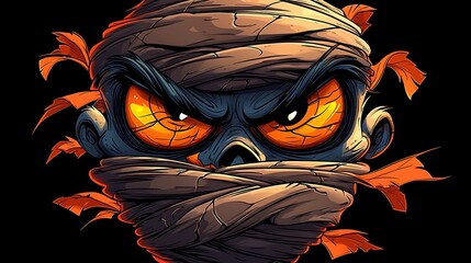 A menacing cartoon skull wrapped in bandages with glowing orange eyes and a dark background