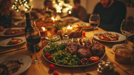 Fototapeta premium Mouthwatering Cooked Lamb Chops Served on Rustic Dinner Table Surrounded by Greens and Warm Ambient Light Enhancing the Evening Gathering Atmosphere