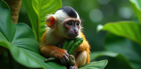 Obraz premium Marmoset monkey snuggled up among tropical plants, plant, peaceful scene, foliage