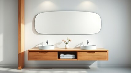 Modern Minimalist Bathroom Double Sinks Wooden Vanity Curved Mirror