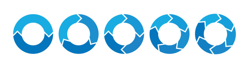 Blue circle. Diagram infographic set. Rotation cycle vector. 2, 3, 4, 5, 6 parts. 