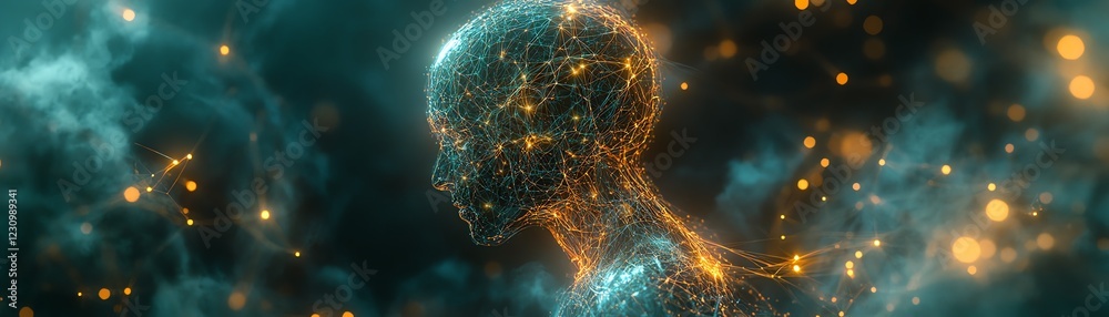 Poster futuristic ai brain with luminous connections and intricate neural patterns, digital complexity, glo