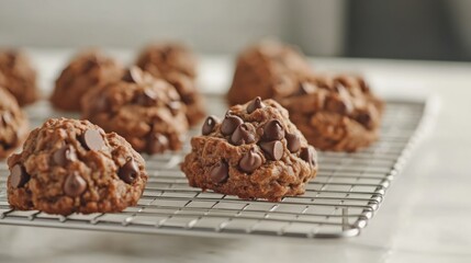 Obraz premium Chocolate chip cookies cooling on a wire rack. Warm, delicious, and perfect for a sweet treat.