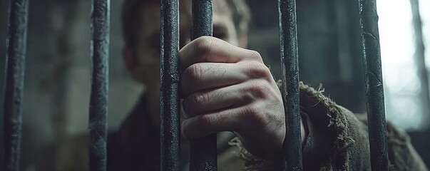 Isolation facility in jail. A hand gripping metal bars in a dimly lit environment.
