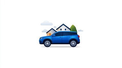 Naklejka premium Blue Car Parked Outside a Modern House with Green Tree and Clouds Illustrating a Comfortable Suburban Lifestyle and Peaceful Living Environment