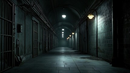 Isolation facility in jail. Dark, eerie prison corridor with dim lighting and barred cells.