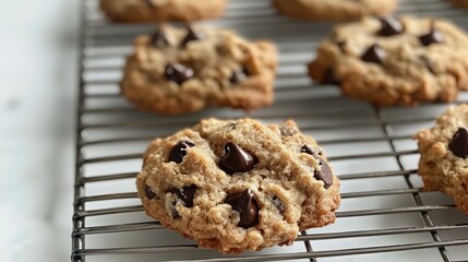 Golden brown cookies with chocolate chips, cooling on a wire rack. Homemade goodness!