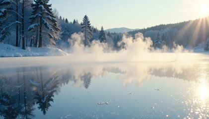 Fototapeta premium Steam rises from a frozen lake on a cold winter morning, frost, natural wonder