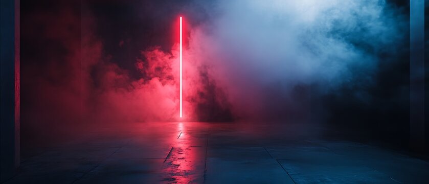 A dimly lit, vacant room features a concrete floor bathed in neon red light, shrouded in smoke that adds to the enigmatic and atmospheric vibe.