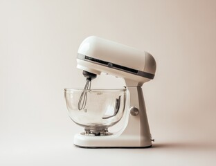 White stand mixer with glass bowl and whisk attachment.