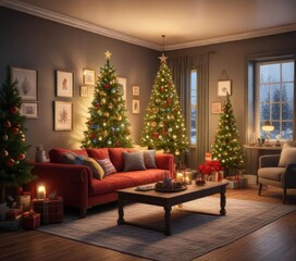 Cozy living room with Christmas tree and ornaments, cozy home, holiday decor