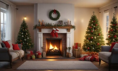 Cozy living room with fireplace, Christmas tree, and stockings hanging from the mantel, inviting, holiday