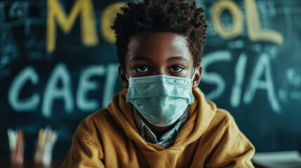 Young student focuses on writing in a notebook while wearing a face mask