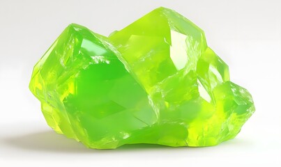 Fototapeta premium Shiny, neon green crystal cluster on white for science, geology, or minerals study