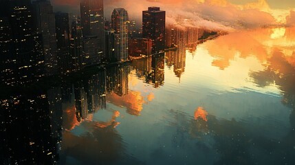 Obraz premium Urban Reflection: Cityscape mirrored in tranquil waters at twilight