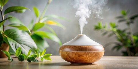 Low Light Aroma Diffuser Photography: White Background, Ambient Lighting, Essential Oil Diffuser, Relaxing Atmosphere, Calm Vibes, Home Fragrance, Mood Lighting