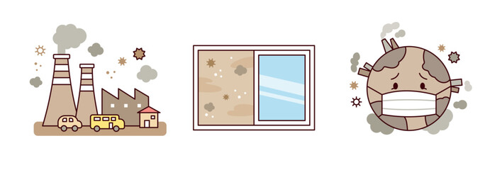 Fine dust. Polluted smoke from factories, bad air outside the window, the face of the Earth wearing a mask. simple outline illustration. © MINIWIDE