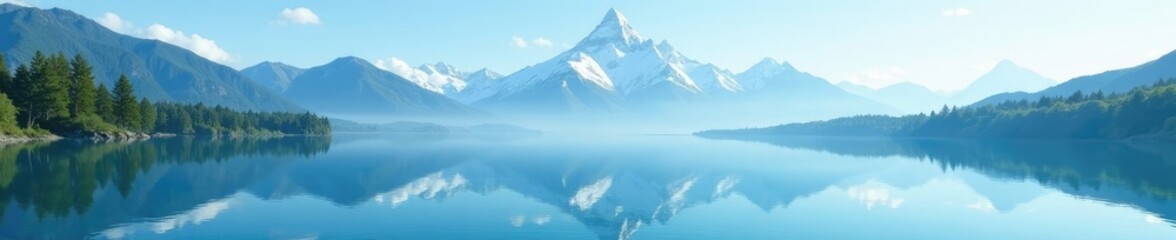 A majestic white striped mountain range reflected in the crystal clear lake, hazy, reflection, peaceful