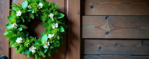 A lush green wreath made from eucalyptus and ferns with white flowers on a wooden door, rustic, wreath