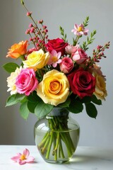 Obraz premium A mix of colorful roses and other flowers in a large vase, centerpiece, gardenia, flowers