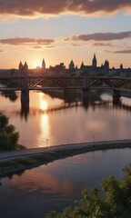 Fototapeta premium Panoramic view of Ottawa at sunset with Alexandra Bridge in foreground , colors, canada, nature