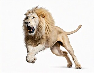 Obraz premium Male adult lion, Panthera leo, leaping mouth open, isolated on white