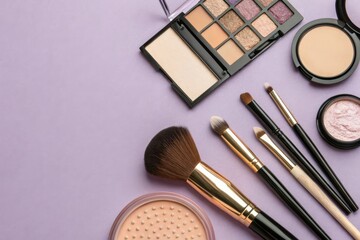 Pastel purple background with a beautiful arrangement of makeup brushes and compacts, artistic arrangement, upscale cosmetics, refined beauty supplies, elegant styling tools