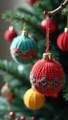 Colorful knitted Christmas balls on a wooden branch, Christmas branches, Holiday ornaments