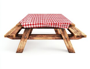 Rustic wooden picnic table with red checkered tablecloth. (3)
