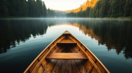 Obraz premium Serenity of a lone boat on a misty morning lake