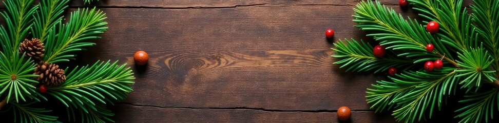 fir branches on rustic wood against dark brown background, earthy, branches, decoration