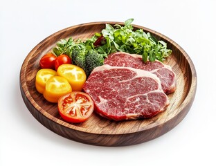 Fototapeta premium Raw beef steaks with fresh vegetables on wooden tray.