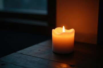 Flickering white candle in a small, dimly lit space with low light, glow, fire