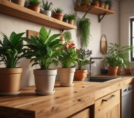 Fototapeta premium Potted plants on a wooden counter in a cozy kitchen, wood, kitchen decor, cabinet