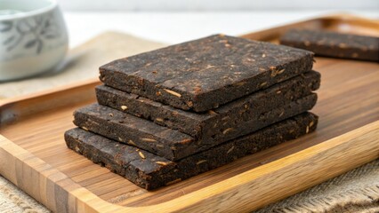 Pressed pu erh tea leaves stacked on a wooden tray, pressed pu erh, tea pressing process, taiwanese tea, artisanal production