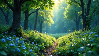 Forest landscape with blueberry bushes and trees, bushes, landscape