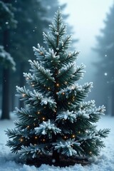 Frosted evergreen tree with snowflakes gently falling on its branches, frost, frosty mornings
