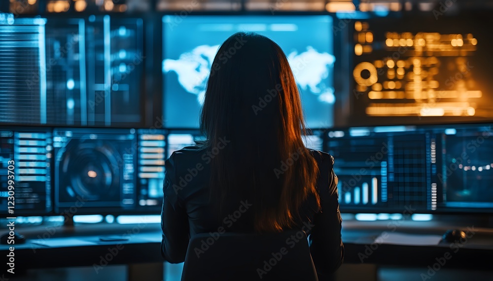 Poster a focused professional analyzes data on multiple screens in a high-tech control room, showcasing the