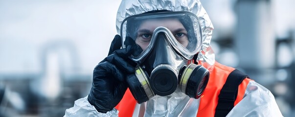 Naklejka premium A safety worker in protective gear signals for attention in a hazardous environment, showcasing the importance of safety and precautions in industrial settings.