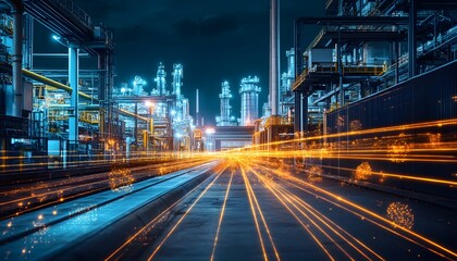 A stunning industrial scene captured at night with vibrant light streaks showcasing dynamic movement in a factory environment emphasizing technology and manufacturing.